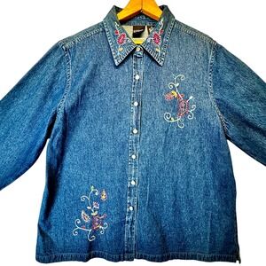 VTG 90s‎ Erika Blue Denim Shirt XL Embroidered Floral Cottagecore Grandmacore